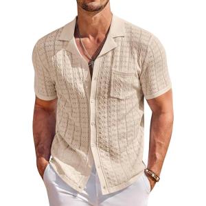 image:imageCOOFANDY Mens Knit Shirts Short Sleeve Button Down Casual Polo Shirt Summer Beach Vacation ShirtsLight Khaki