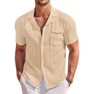 image:imageCOOFANDY Mens Knit Shirts Short Sleeve Button Down Casual Polo Shirt Summer Beach Vacation ShirtsLight Khakibrown