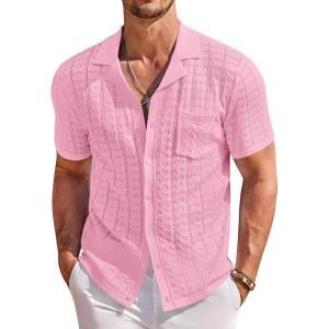 image:imageCOOFANDY Mens Knit Shirts Short Sleeve Button Down Casual Polo Shirt Summer Beach Vacation ShirtsLight Pink