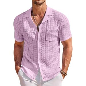 image:imageCOOFANDY Mens Knit Shirts Short Sleeve Button Down Casual Polo Shirt Summer Beach Vacation ShirtsPink