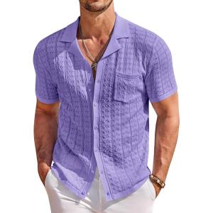 image:imageCOOFANDY Mens Knit Shirts Short Sleeve Button Down Casual Polo Shirt Summer Beach Vacation ShirtsPurple