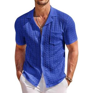 image:imageCOOFANDY Mens Knit Shirts Short Sleeve Button Down Casual Polo Shirt Summer Beach Vacation ShirtsSky Blue