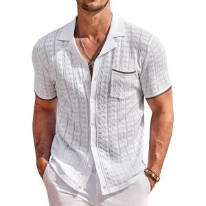 image:imageCOOFANDY Mens Knit Shirts Short Sleeve Button Down Casual Polo Shirt Summer Beach Vacation ShirtsWhitebrown
