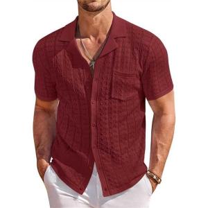 image:imageCOOFANDY Mens Knit Shirts Short Sleeve Button Down Casual Polo Shirt Summer Beach Vacation ShirtsWine Red