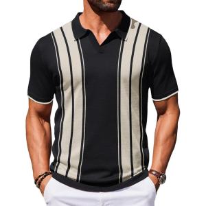 image:imageCOOFANDY Mens Polo Shirts Short Sleeve Casual Knit Polo Shirt Vintage Golf T Shirts Old Money TopsBlack  Beige