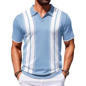 image:imageCOOFANDY Mens Polo Shirts Short Sleeve Casual Knit Polo Shirt Vintage Golf T Shirts Old Money TopsLight Blue  White