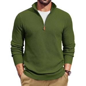 image:imageCOOFANDY Mens Quarter Zip Pullover Dress Slim Fit Sweater Mock Neck Sweaters Casual Long Sleeve PulloversArmy Green