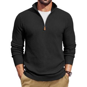 image:imageCOOFANDY Mens Quarter Zip Pullover Dress Slim Fit Sweater Mock Neck Sweaters Casual Long Sleeve PulloversBlack