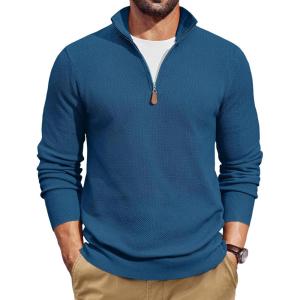 image:imageCOOFANDY Mens Quarter Zip Pullover Dress Slim Fit Sweater Mock Neck Sweaters Casual Long Sleeve PulloversDark Blue