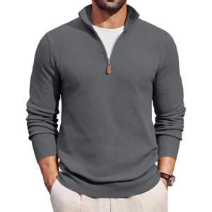 image:imageCOOFANDY Mens Quarter Zip Pullover Dress Slim Fit Sweater Mock Neck Sweaters Casual Long Sleeve PulloversDark Grey