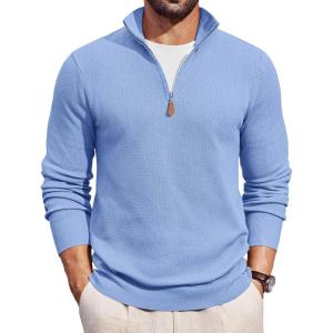 image:imageCOOFANDY Mens Quarter Zip Pullover Dress Slim Fit Sweater Mock Neck Sweaters Casual Long Sleeve PulloversLight Blue