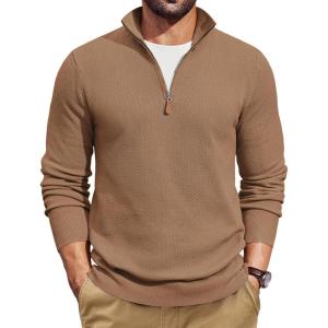 image:imageCOOFANDY Mens Quarter Zip Pullover Dress Slim Fit Sweater Mock Neck Sweaters Casual Long Sleeve PulloversLight Brown