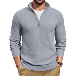 image:imageCOOFANDY Mens Quarter Zip Pullover Dress Slim Fit Sweater Mock Neck Sweaters Casual Long Sleeve PulloversLight Grey
