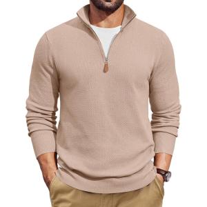 image:imageCOOFANDY Mens Quarter Zip Pullover Dress Slim Fit Sweater Mock Neck Sweaters Casual Long Sleeve PulloversLight Khaki