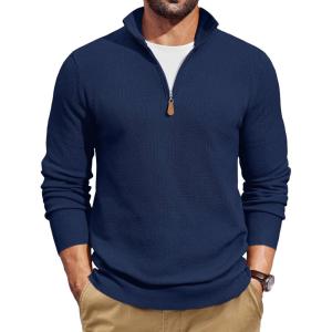 image:imageCOOFANDY Mens Quarter Zip Pullover Dress Slim Fit Sweater Mock Neck Sweaters Casual Long Sleeve PulloversNavy Blue