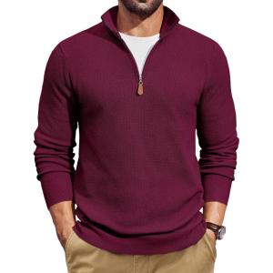 image:imageCOOFANDY Mens Quarter Zip Pullover Dress Slim Fit Sweater Mock Neck Sweaters Casual Long Sleeve PulloversWine Red