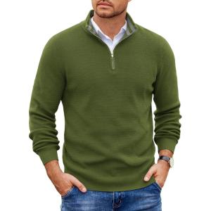image:imageCOOFANDY Mens Quarter Zip Pullover Slim Fit Lightweight Sweater Casual Mock Neck Knit Polo SweaterArmy Green