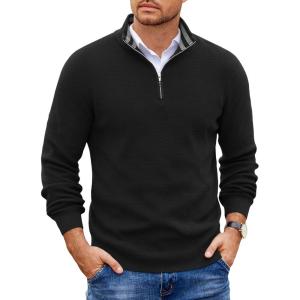 image:imageCOOFANDY Mens Quarter Zip Pullover Slim Fit Lightweight Sweater Casual Mock Neck Knit Polo SweaterBlack