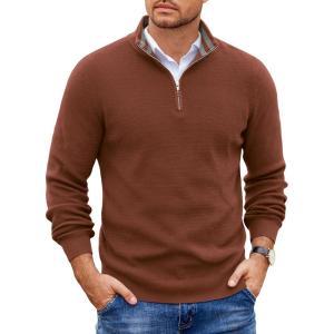 image:imageCOOFANDY Mens Quarter Zip Pullover Slim Fit Lightweight Sweater Casual Mock Neck Knit Polo SweaterBrown