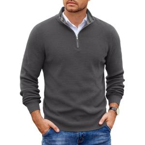 image:imageCOOFANDY Mens Quarter Zip Pullover Slim Fit Lightweight Sweater Casual Mock Neck Knit Polo SweaterDark Gray