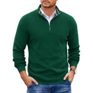 image:imageCOOFANDY Mens Quarter Zip Pullover Slim Fit Lightweight Sweater Casual Mock Neck Knit Polo SweaterGreen