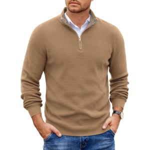 image:imageCOOFANDY Mens Quarter Zip Pullover Slim Fit Lightweight Sweater Casual Mock Neck Knit Polo SweaterKhaki