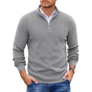image:imageCOOFANDY Mens Quarter Zip Pullover Slim Fit Lightweight Sweater Casual Mock Neck Knit Polo SweaterLight Gray