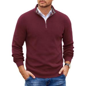 image:imageCOOFANDY Mens Quarter Zip Pullover Slim Fit Lightweight Sweater Casual Mock Neck Knit Polo SweaterRed