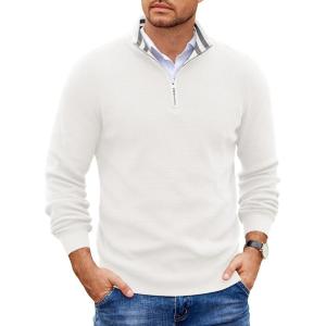 image:imageCOOFANDY Mens Quarter Zip Pullover Slim Fit Lightweight Sweater Casual Mock Neck Knit Polo SweaterWhite