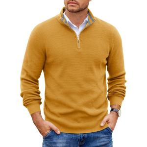 image:imageCOOFANDY Mens Quarter Zip Pullover Slim Fit Lightweight Sweater Casual Mock Neck Knit Polo SweaterYellow