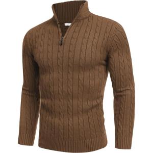 image:imageCOOFANDY Mens Quarter Zip Sweater Slim Fit Casual Knitted Turtleneck Pullover Mock Neck Polo SweaterCoffee Brown