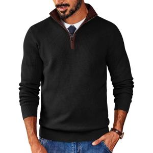 image:imageCOOFANDY Mens Quarter Zip Sweater Slim Fit Mock Neck Pullover Casual Knitted Ribbed Polo SweatersAblack