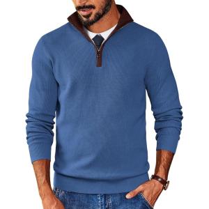 image:imageCOOFANDY Mens Quarter Zip Sweater Slim Fit Mock Neck Pullover Casual Knitted Ribbed Polo SweatersBlue