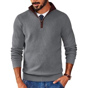 image:imageCOOFANDY Mens Quarter Zip Sweater Slim Fit Mock Neck Pullover Casual Knitted Ribbed Polo SweatersDark Gray
