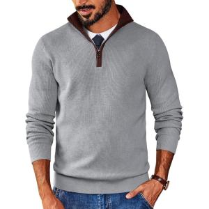 image:imageCOOFANDY Mens Quarter Zip Sweater Slim Fit Mock Neck Pullover Casual Knitted Ribbed Polo SweatersLight Grey