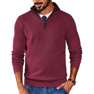image:imageCOOFANDY Mens Quarter Zip Sweater Slim Fit Mock Neck Pullover Casual Knitted Ribbed Polo SweatersWine Red
