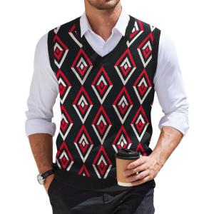 image:imageCOOFANDY Mens Sweater Vest V Neck Sleeveless Sweater Slim Fit Casual Knitted Vest SweatersArgyle Black Red