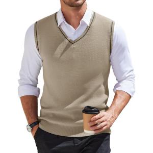 image:imageCOOFANDY Mens Sweater Vest V Neck Sleeveless Sweater Slim Fit Casual Knitted Vest SweatersKhaki and Black Stripe