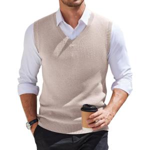 image:imageCOOFANDY Mens Sweater Vest V Neck Sleeveless Sweater Slim Fit Casual Knitted Vest SweatersLight Khaki