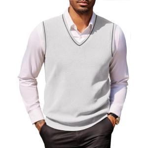 image:imageCOOFANDY Mens Sweater Vest V Neck Sleeveless Sweater Slim Fit Casual Knitted Vest SweatersWhite and Black Stripe