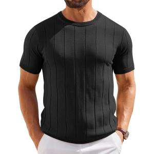 image:imageCOOFANDY Mens TShirts Short Sleeve Crewneck Knit Shirts Summer Ribbed Textured Tee ShirtsB Black