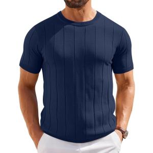 image:imageCOOFANDY Mens TShirts Short Sleeve Crewneck Knit Shirts Summer Ribbed Textured Tee ShirtsB Navy Blue