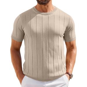image:imageCOOFANDY Mens TShirts Short Sleeve Crewneck Knit Shirts Summer Ribbed Textured Tee ShirtsLight Khaki