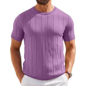image:imageCOOFANDY Mens TShirts Short Sleeve Crewneck Knit Shirts Summer Ribbed Textured Tee ShirtsViolet
