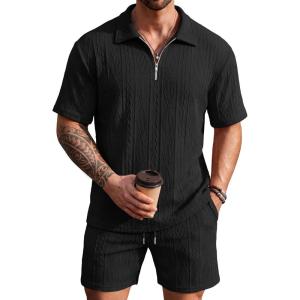 image:imageCOOFANDY Mens 2 Piece Set Summer Beach Vacation Outfits Quarter Zip Polo Shirt and Shorts Sets1black