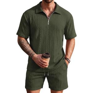 image:imageCOOFANDY Mens 2 Piece Set Summer Beach Vacation Outfits Quarter Zip Polo Shirt and Shorts SetsArmy Green