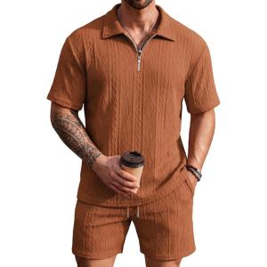 image:imageCOOFANDY Mens 2 Piece Set Summer Beach Vacation Outfits Quarter Zip Polo Shirt and Shorts SetsBrown