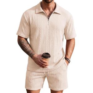 image:imageCOOFANDY Mens 2 Piece Set Summer Beach Vacation Outfits Quarter Zip Polo Shirt and Shorts SetsCream
