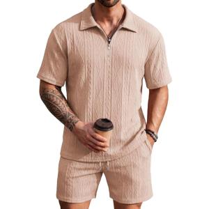 image:imageCOOFANDY Mens 2 Piece Set Summer Beach Vacation Outfits Quarter Zip Polo Shirt and Shorts SetsKhaki