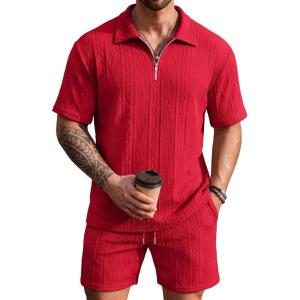 image:imageCOOFANDY Mens 2 Piece Set Summer Beach Vacation Outfits Quarter Zip Polo Shirt and Shorts SetsRed
